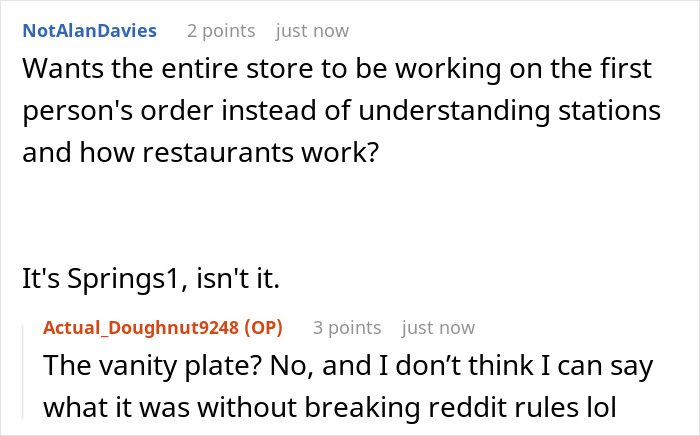 Reddit comments discussing a customer's unrealistic expectations at a restaurant, hinting at a "Karen" encounter.