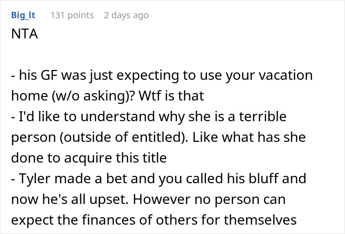 Reddit comment discussing an entitled girlfriend and a canceled Bahamas trip.