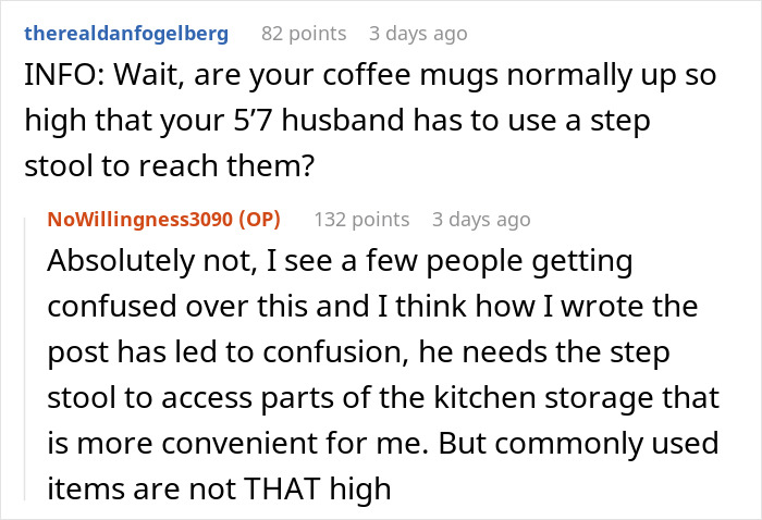 User clarifies kitchen storage confusion involving step stool use.