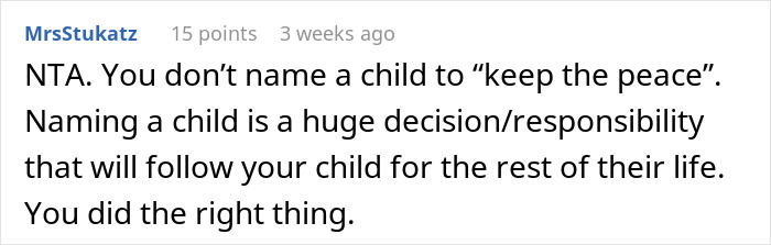 Comment discussing the responsibility of naming a baby, emphasizing personal choice over tradition.