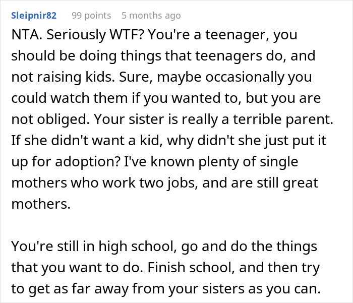 Comment criticizing a sister exploiting her teen brother as a babysitter, emphasizing teen freedom and responsibility.