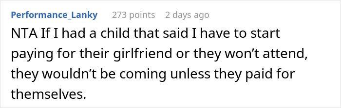 Reddit comment about a son demanding his girlfriend be included in a Bahamas trip.