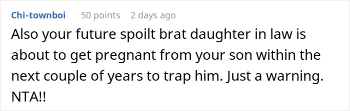 Reddit comment criticizing an entitled girlfriend in a family conflict over a Bahamas trip.