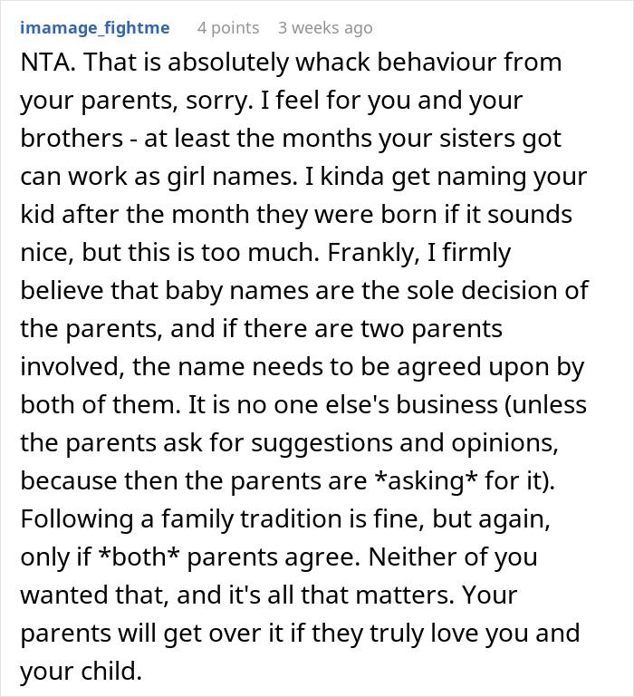 Comment discussing breaking family tradition in baby naming decisions.