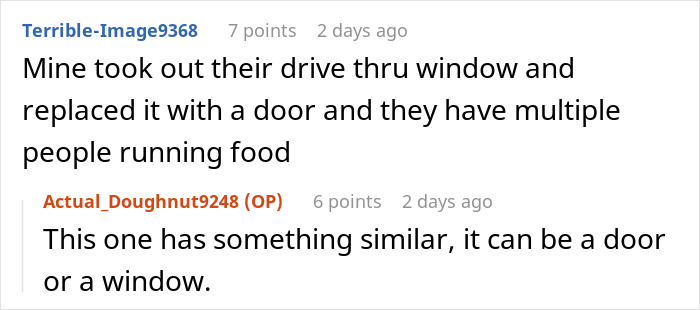 Reddit comments about replacing a drive-thru window with a door, related to karma and Karen behavior.