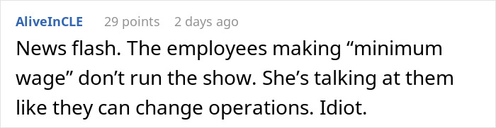 Text comment criticizing a woman's behavior towards minimum wage employees.