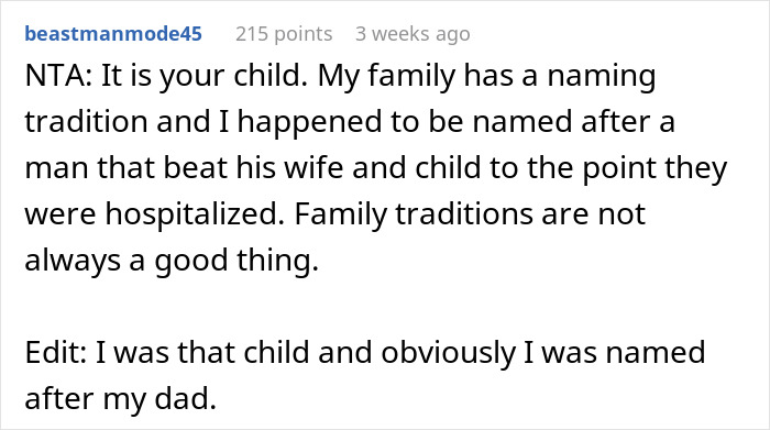 Text message discussing breaking family tradition in naming a baby due to negative associations and personal experiences.