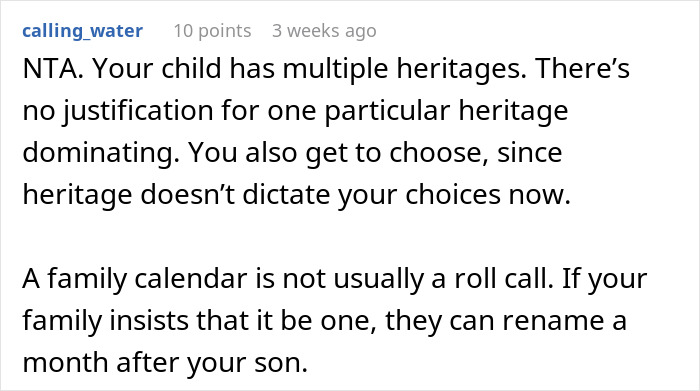 Comment discussing breaking family tradition in naming a baby, emphasizing choice over heritage dominance.