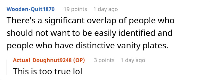 Reddit comment exchange about distinct vanity plates and identity.