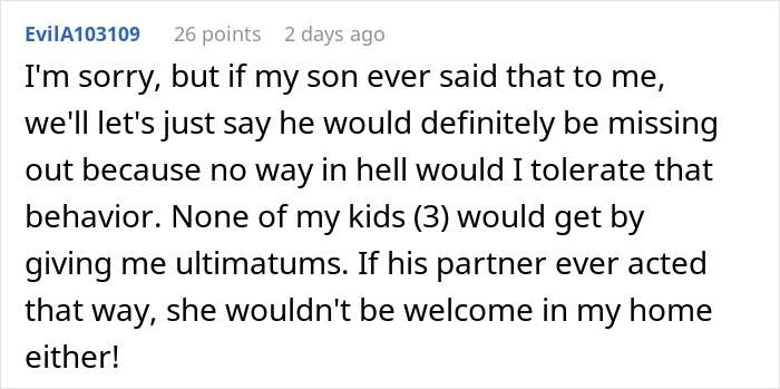 Comment discusses son and entitled girlfriend missing out on a trip due to giving ultimatums.