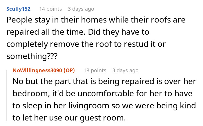 Reddit comment exchange about housing repairs; mentions discomfort due to bedroom roof issues.