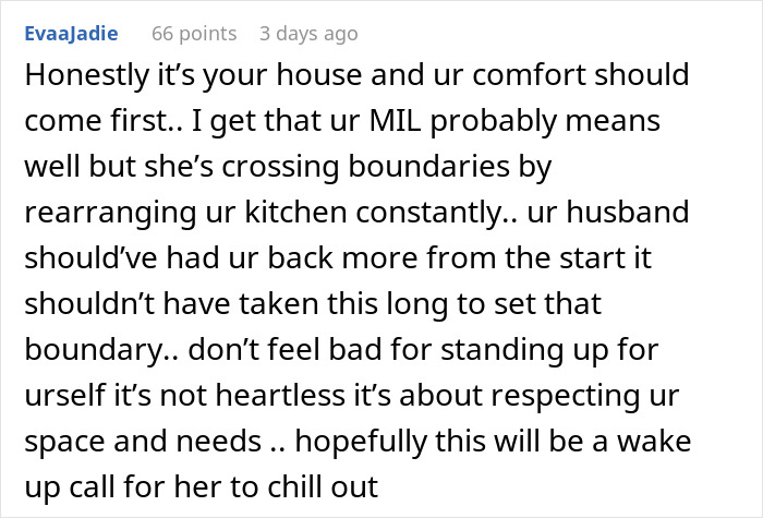 Text from a forum discussing MIL's behavior and boundary issues with rearranging kitchen.