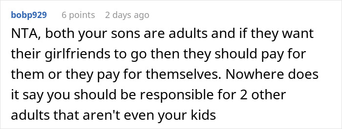 Reddit comment criticizing son's demand for parents to fund girlfriend's Bahamas trip.