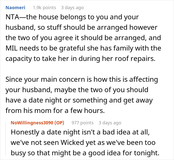 Reddit discussion about mother-in-law's actions and advice for husband and wife to arrange a date night.