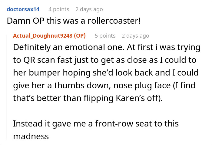 Reddit comment exchange about a dramatic incident involving a 'Karen' and emotional reactions.