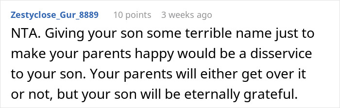 Breaking tradition comment on naming baby: naming a son against grandparents' wishes for future gratitude.