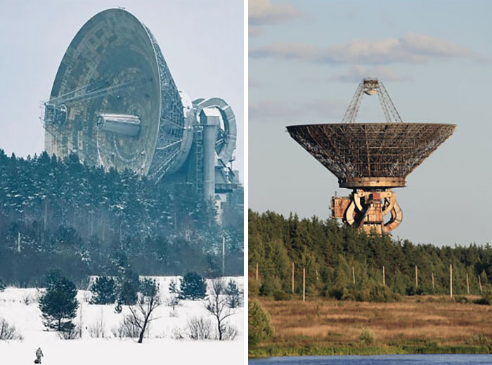 Gigantic radio telescopes towering over snowy and forested landscapes, posing a "nope" for those with megalophobia.