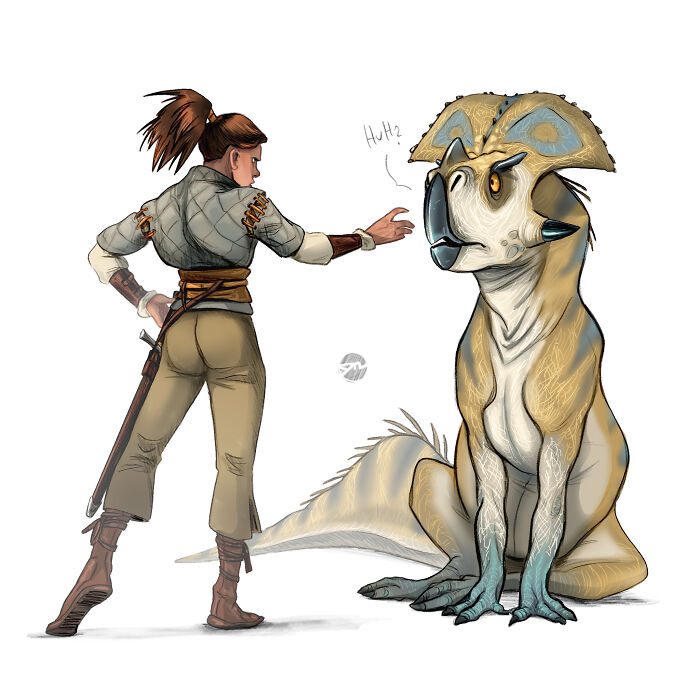 Illustration of a character interacting with a large creature companion in a fantasy setting.