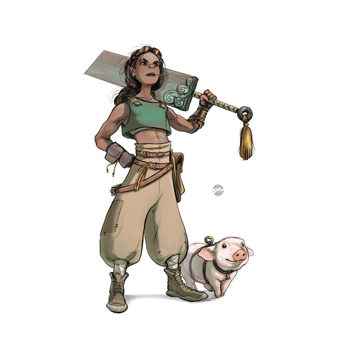 Character illustration with a large sword and a pig companion.