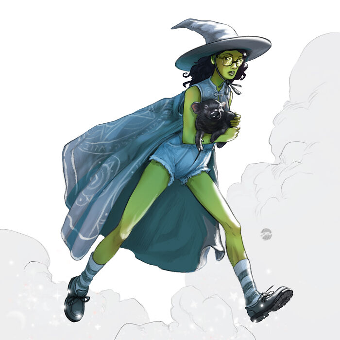 Illustrated character wearing a hat, with a creature companion in her arms, against a cloudy backdrop.