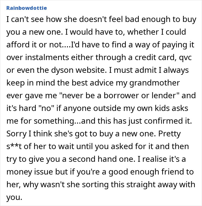 Text post discussing a woman's decision not to go into debt over a lost hairdryer, citing financial advice.