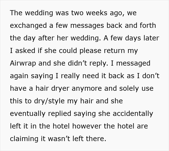 Text message recounting a woman refusing to go into debt by buying a friend a new hairdryer.