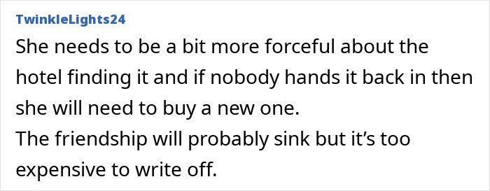 Comment discussing the decision not to buy a new hairdryer for a friend who lost hers, prioritizing financial caution.