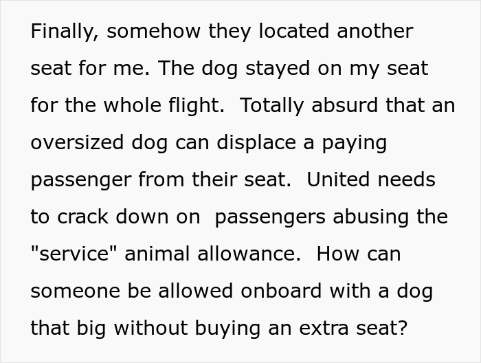 Text about a plane incident involving a service dog taking a passenger's seat, causing frustration over service animal rules.