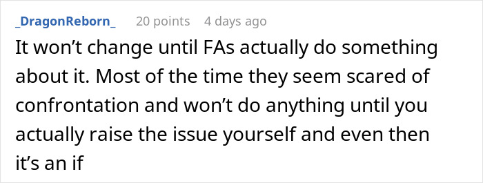 Comment discussing flight attendants and action on issues, related to plane service.