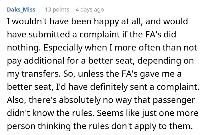 Text screenshot of a complaint about paying for a better plane seat and service dog rules.