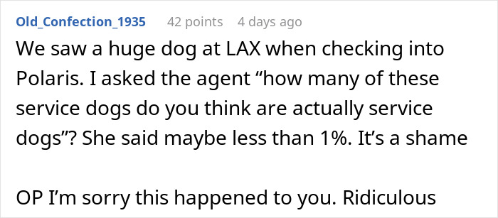 Text discussing large service dogs on planes and the rarity of actual service dogs.