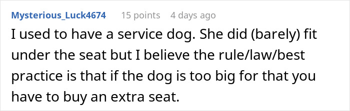 Text discussing service dog seating on a plane, mentioning the need for an extra seat if the dog is too large to fit under one.