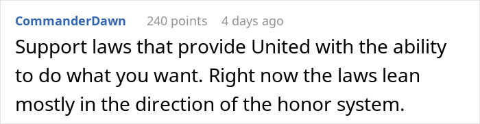 Text comment discussing plane service dog seat laws and United's honor system approach.