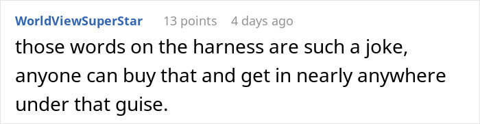 A comment about a service dog harness, discussing its accessibility and implications for plane travel.