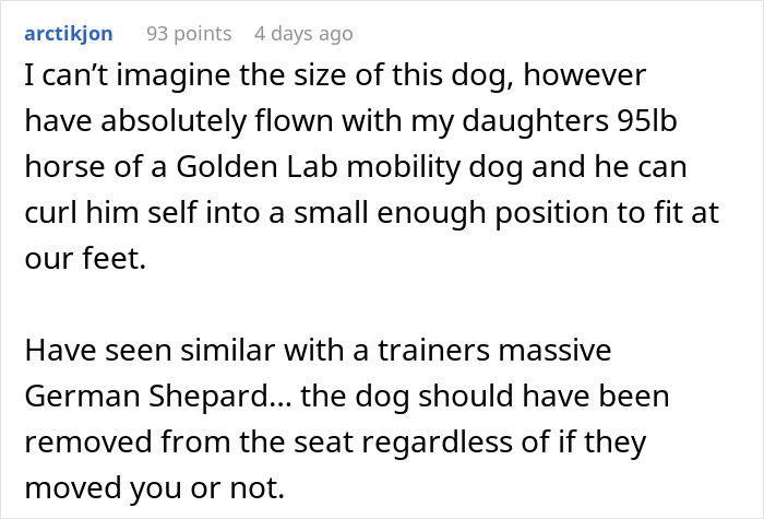 Reddit user comments on experiences with large service dogs on planes fitting in seats.