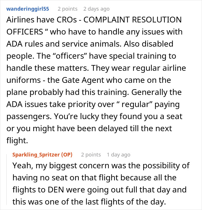 Reddit comments discussing plane service dog seat accommodations and ADA compliance.