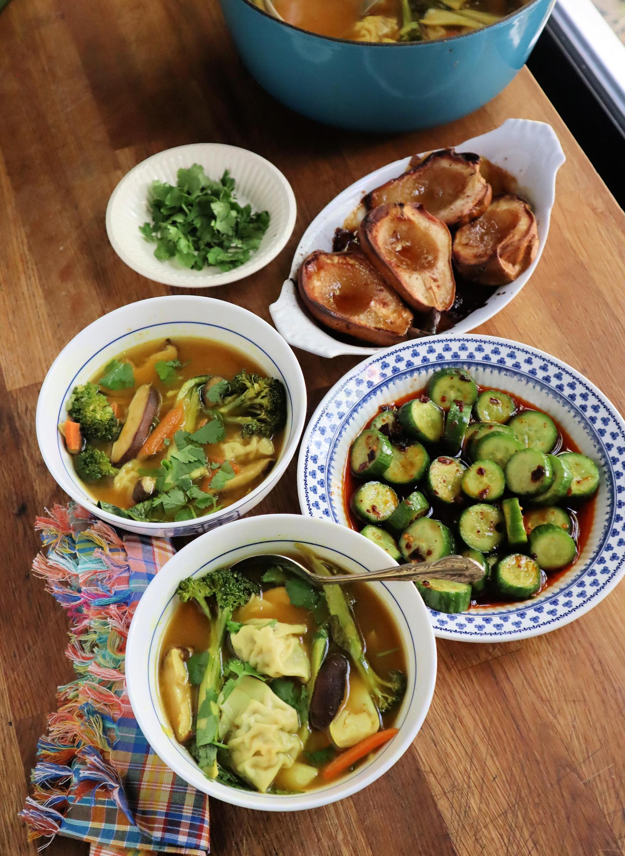 This $15 dinner for two includes Asian cucumber salad, a hearty wonton soup and baked pears with maple for dessert. (Gretchen McKay/Pittsburgh Post-Gazette/TNS)