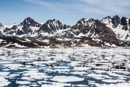 Sea ice breaking up in spring, near Kulusuk, Greenland.