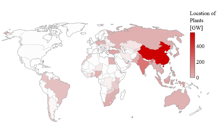 Capacity of coal plants built since 2015 and currently in the pipeline grouped by country.