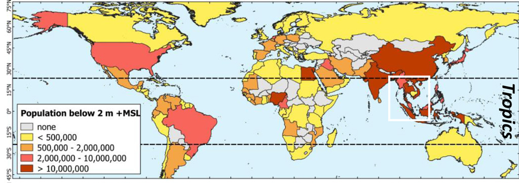 Map showing the number of people at risk from 2m of sea level rise