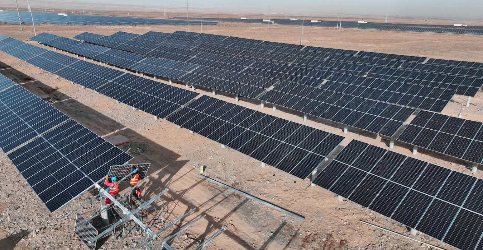 Installation of photovoltaic panels at the solar power generation project in Zhangye, China.