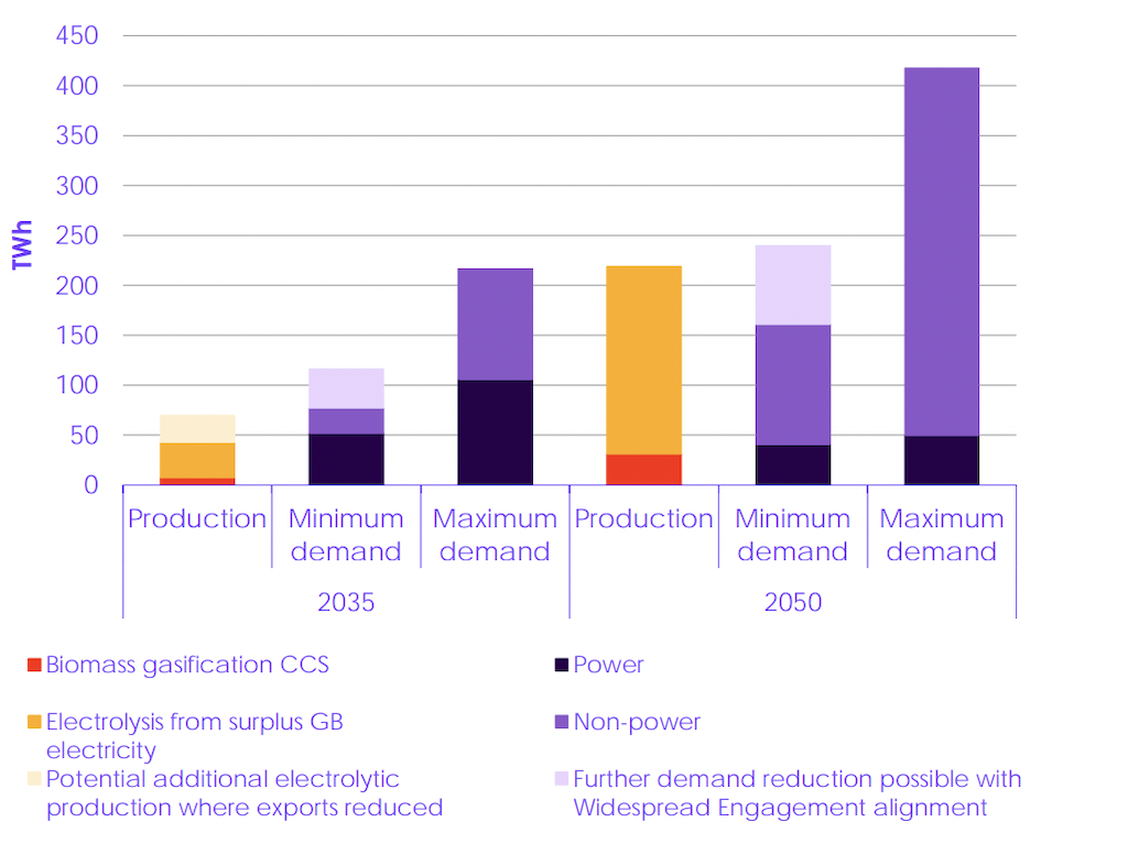 The gap between annual domestic hydrogen production (red and orange) and demand (purple) in Great Britain, for the years 2035 (left) and 2050 (right).