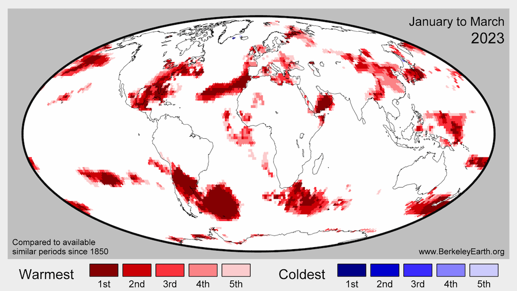 Locations setting record warm temperatures in the first three months of 2023 based on data back to 1850, taken from Berkeley Earth.