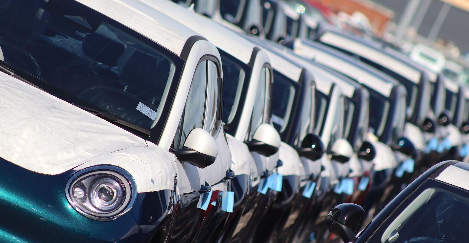 Close up of newly imported Chinese electric cars, awaiting UK distribution.