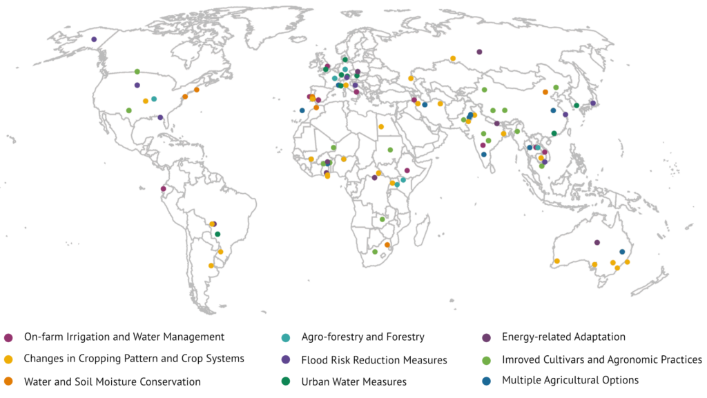 Map of adaptation intervention types and their distribution. Countries are shaded according to the regional grouping used for the analysis. Source: Lissner, T. K. et al. (2024)