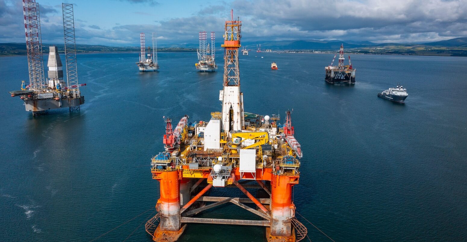 North Sea Oil and gas industry platforms and drilling rigs, Scotland, UK.