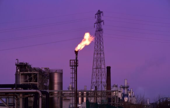 Gas flare stack burning excess gases at petrochemical plant, UK. Credit: paul ridsdale / Alamy Stock Photo. Image ID: 2D9JW8F.