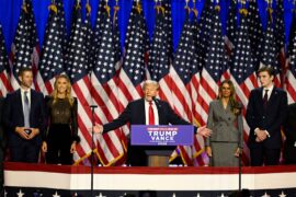 Donald Trump delivers a speech from the Palm Beach Convention Center at the Trump Campaign Election Night Watch Party in West Palm Beach, Florida, November 5, 2024.