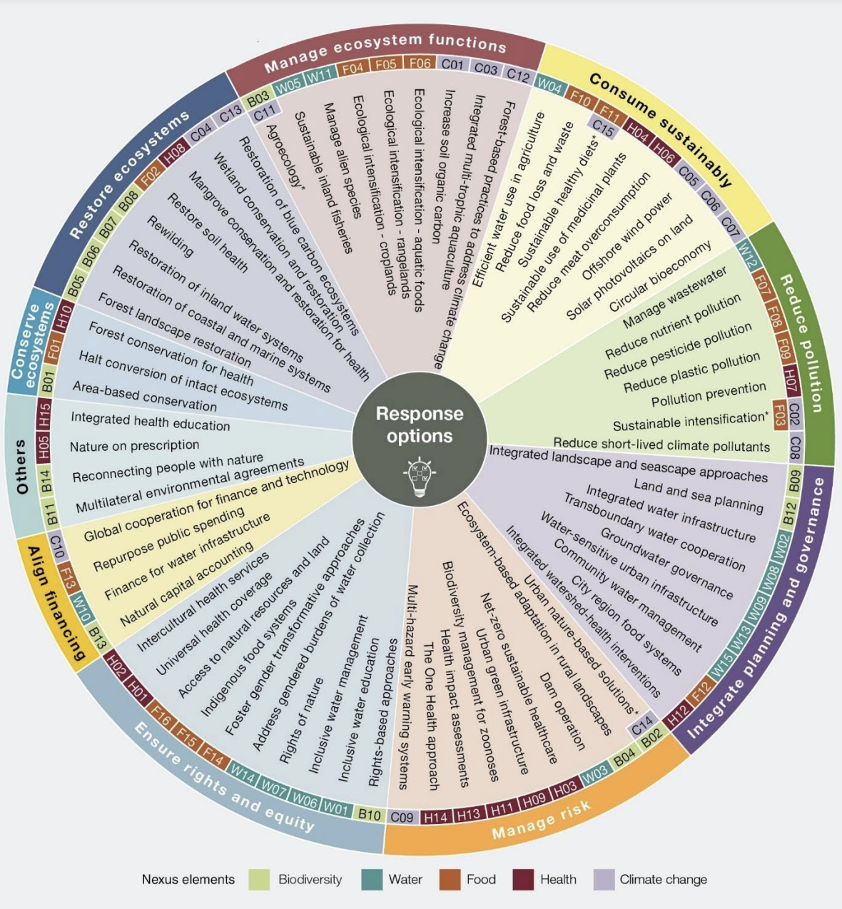 A list of 71 “response options” for addressing at least one element of the nexus between biodiversity, water, food, health and climate change. Options are grouped into 10 categories. Credit: SPM.7 IPBES nexus assessment (2024)