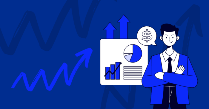 Blue image with arrows and an illustration showing a man in front of a chart.